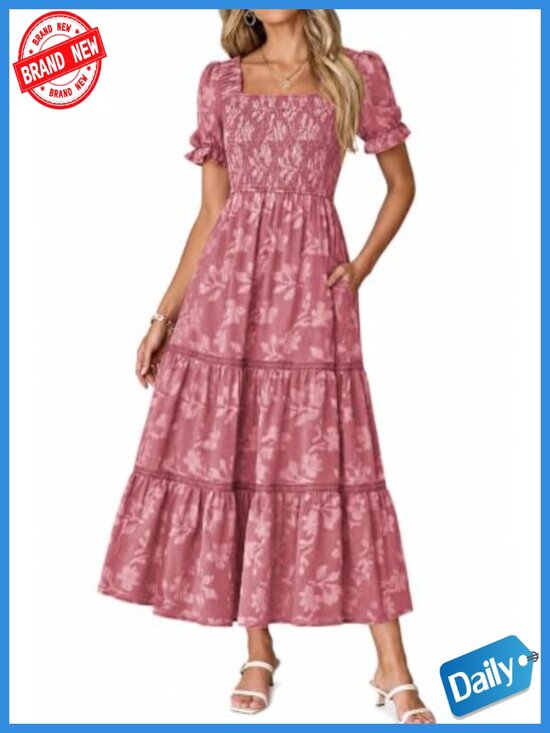 Dresses & Skirts - Women's Boho Floral Maxi Dress Square Neck Smocked Ruffle A-Line Short Sleeve